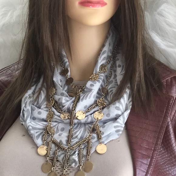 Soft Gray Fern Print Bandana Gold Gypsy Necklace - Picture 1 of 4